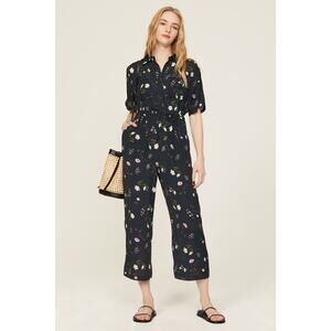 THAKOON COLLECTIVE Black Floral Print Tie Waist Collar Button Front Jumpsuit 10